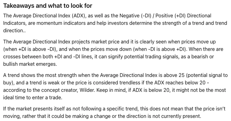 TradingView 英文帮助中心 Average Directional Index (ADX) 页面 Takeaways and what to look for 一节的四段英文说明,提到 +DI 与 −DI 的上下位置以及 25 和 20 两个读数