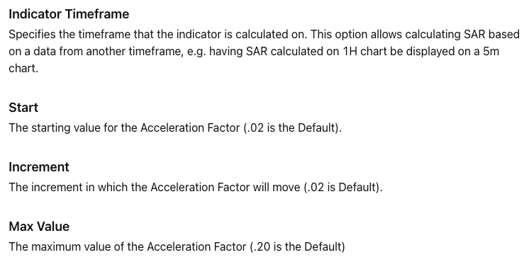 Inputs section of TradingView's Parabolic SAR help page listing Indicator Timeframe, Start, Increment and Max Value, with the defaults shown as .02, .02 and .20