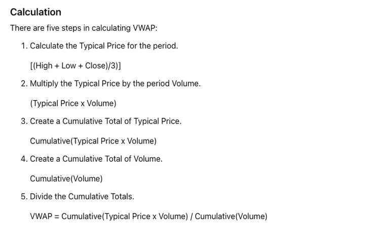 TradingView 英文帮助中心 VWAP 页面 Calculation 一节的截图,列出计算 VWAP 的五个步骤,最后一行是 VWAP = Cumulative(Typical Price x Volume) / Cumulative(Volume)